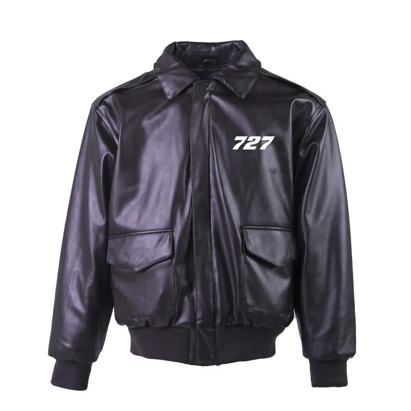 727 Flat Text Designed Leather Bomber Jackets (NO Fur)