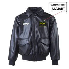 727 Flat Text Designed Leather Bomber Jackets (NO Fur)