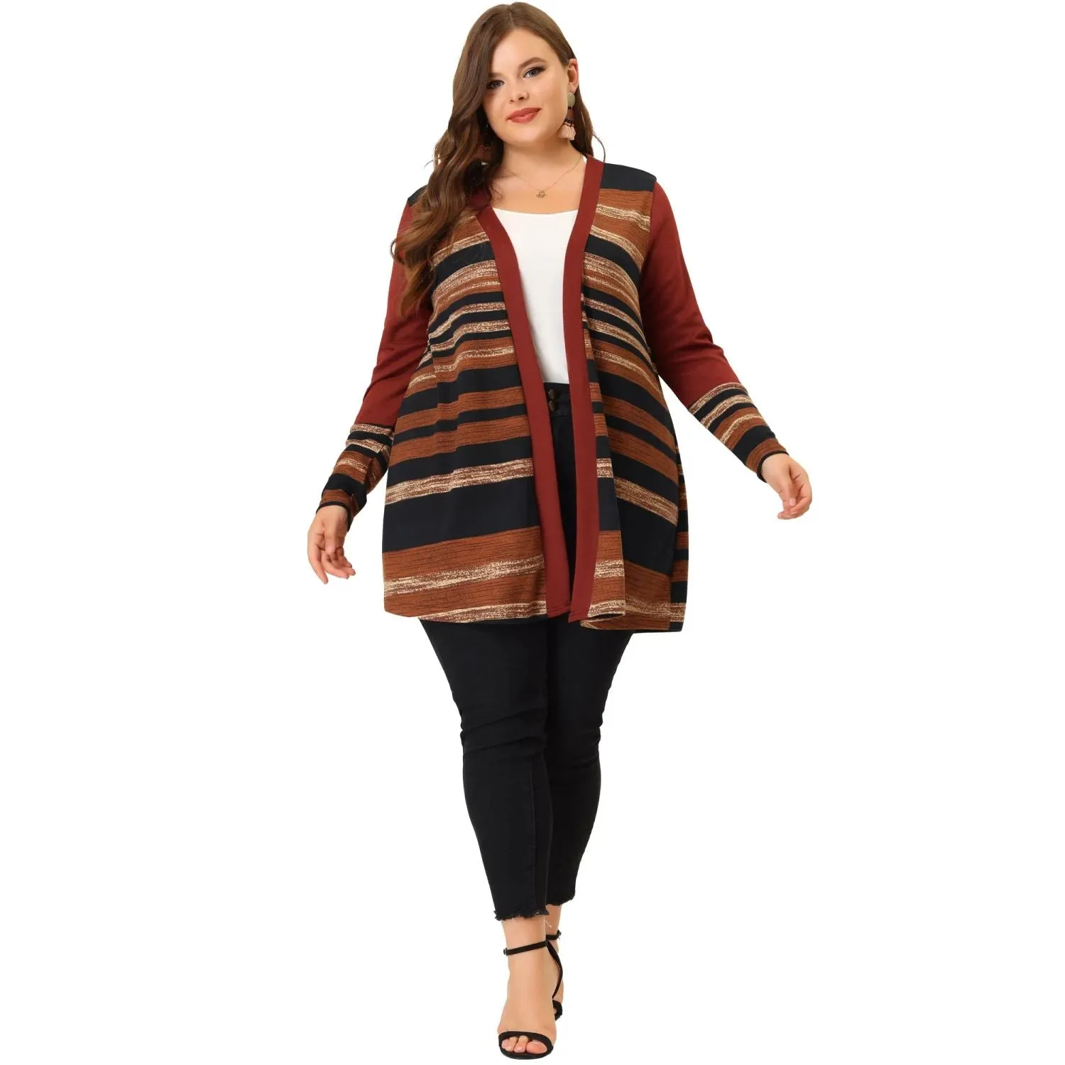 Agnes Orinda Women's Autumn Striped Plus Size Long Sleeve Open Front Cardigan ,  grey