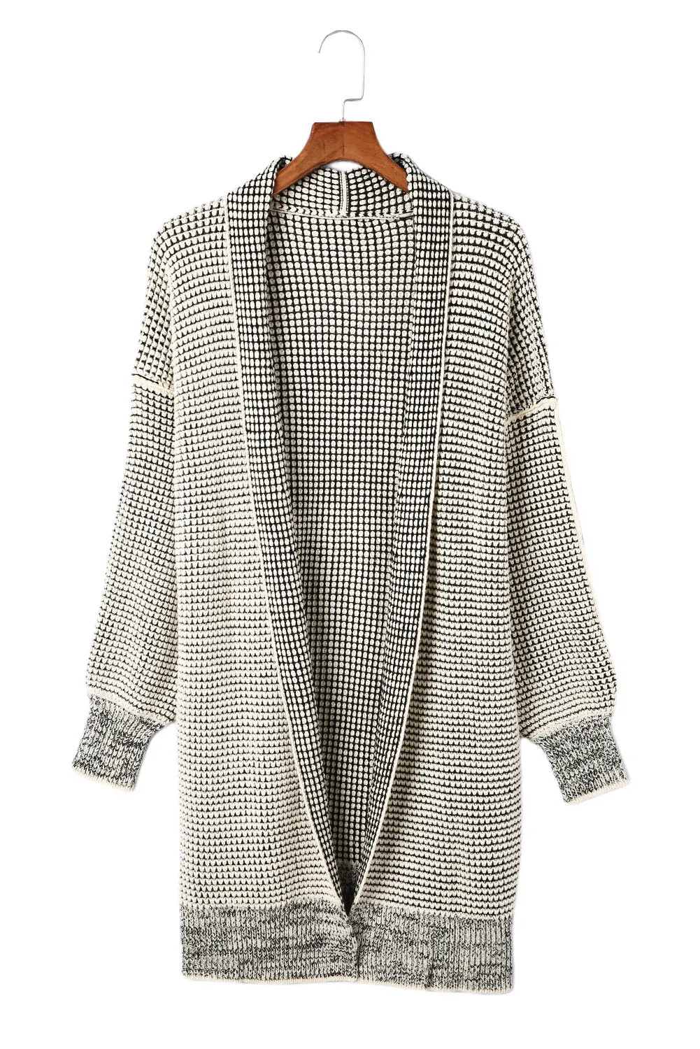 Apricot Plaid Knitted Long Open Front Cardigan