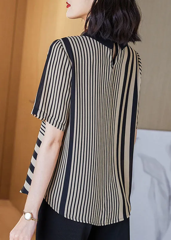 Art Striped Peter Pan Collar Patchwork Chiffon Shirts Top Summer LY8186