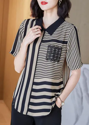 Art Striped Peter Pan Collar Patchwork Chiffon Shirts Top Summer LY8186