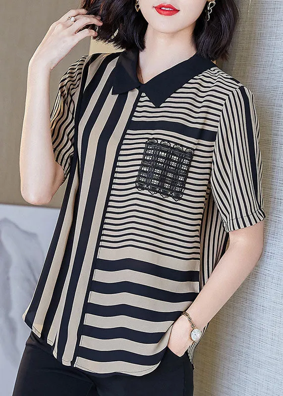 Art Striped Peter Pan Collar Patchwork Chiffon Shirts Top Summer LY8186