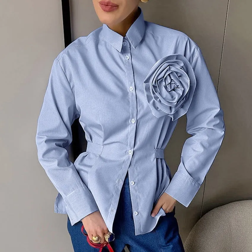 Autumn Casual Striped Blue Floral Slim Fit Long Sleeved Polyester Cotton Shirt Russian Office All Matching Shirt Women