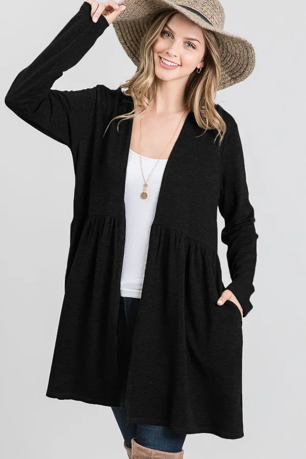 Babydoll Open Front Cardigan - Black