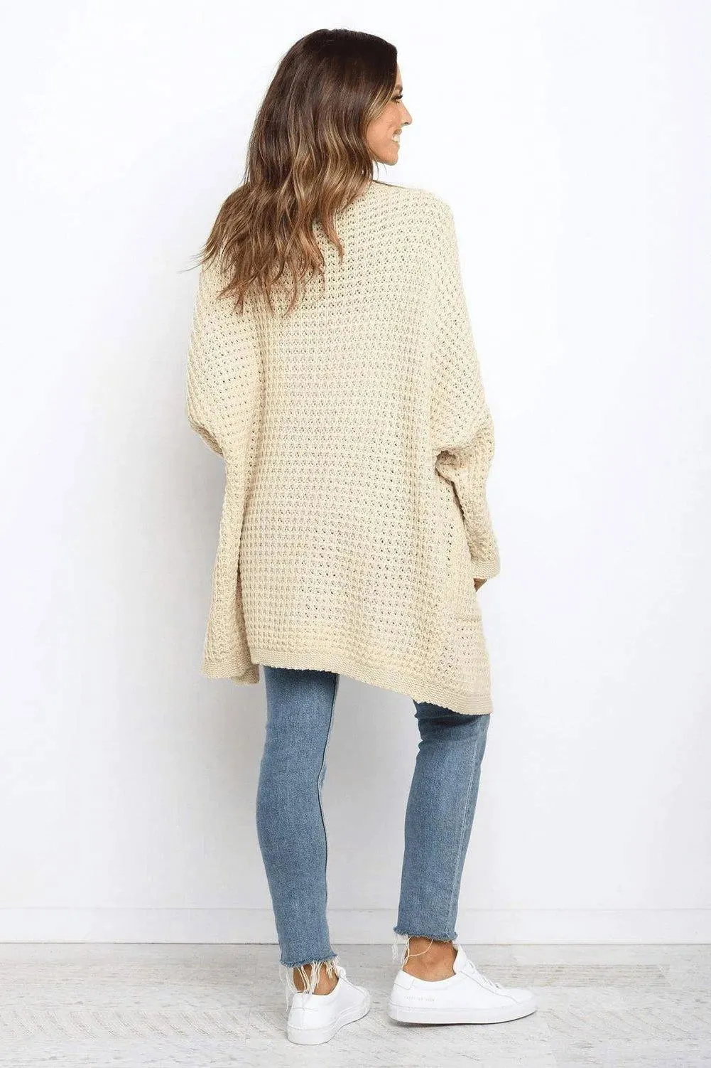 Beige Long Line Open Front Knitted Cardigan With Pockets