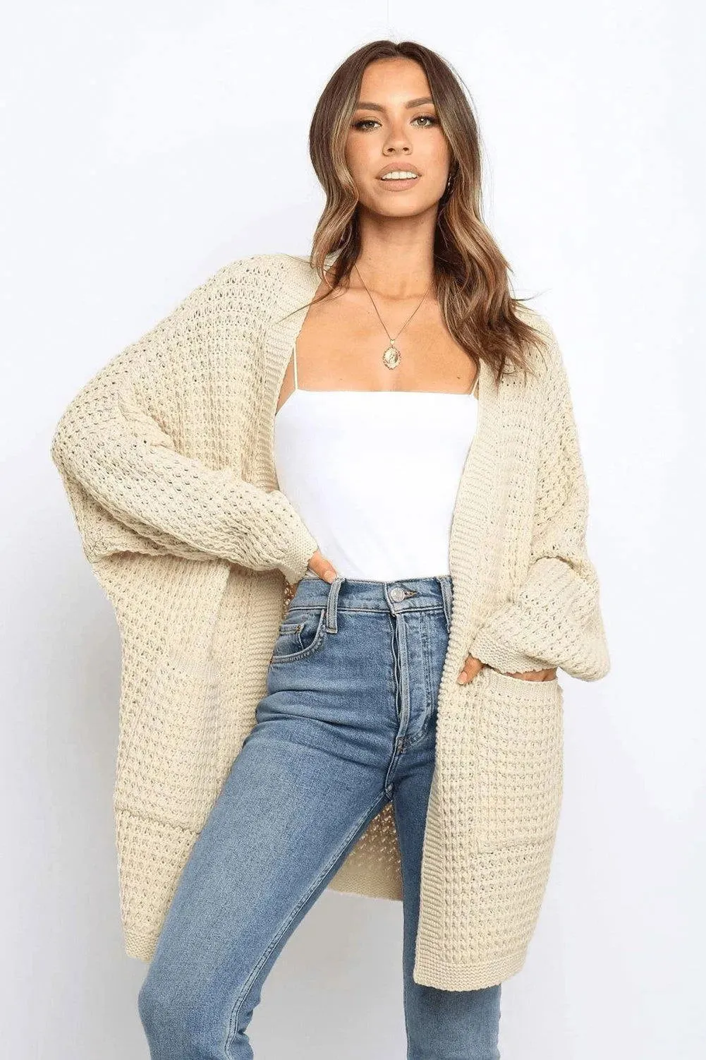 Beige Long Line Open Front Knitted Cardigan With Pockets