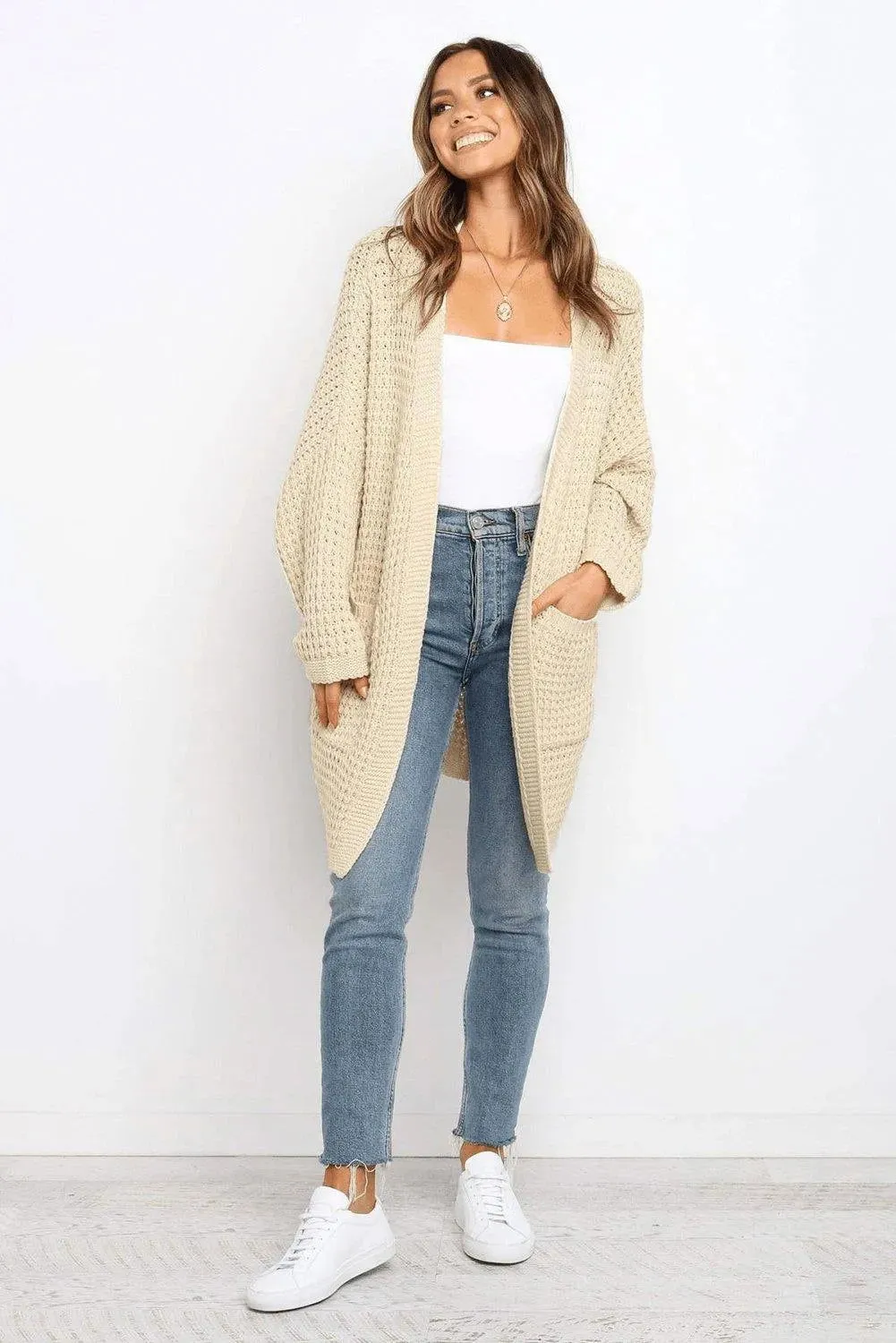 Beige Long Line Open Front Knitted Cardigan With Pockets