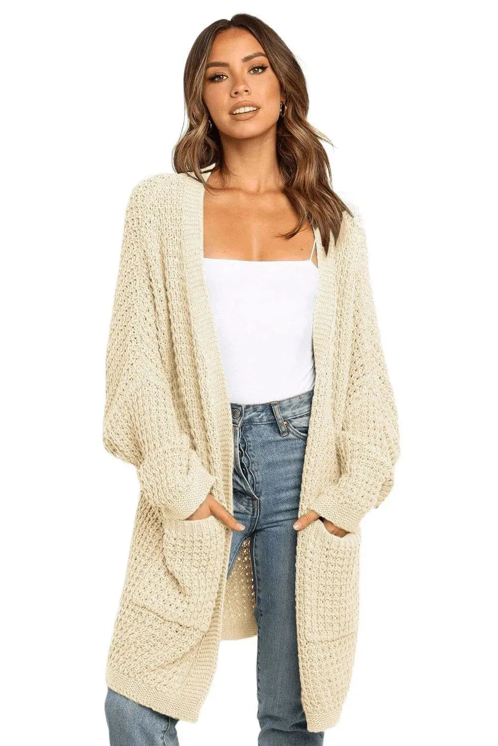 Beige Long Line Open Front Knitted Cardigan With Pockets