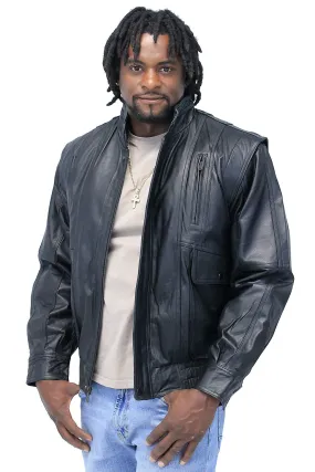 Black Leather Bomber Jacket w/Mandarin Collar #M511ZK ()