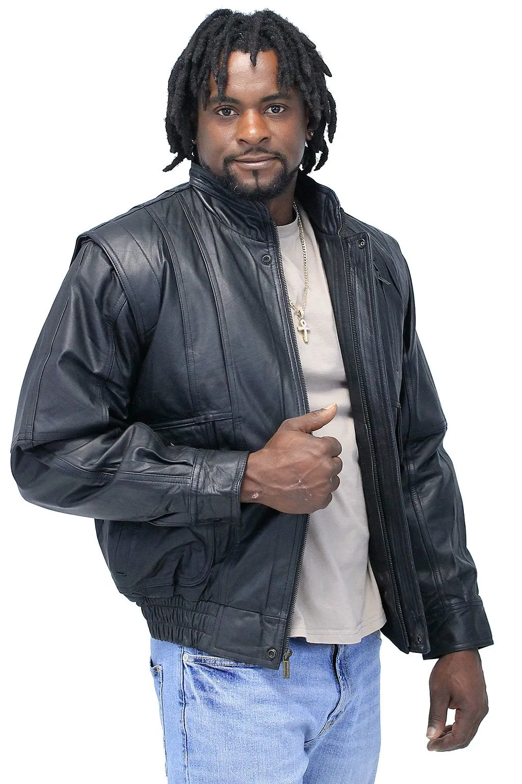 Black Leather Bomber Jacket w/Mandarin Collar #M511ZK ()