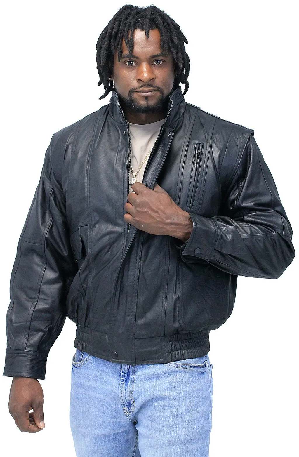 Black Leather Bomber Jacket w/Mandarin Collar #M511ZK ()