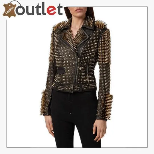 Black Leather Golden Spike Studded Punk Style Biker Jacket