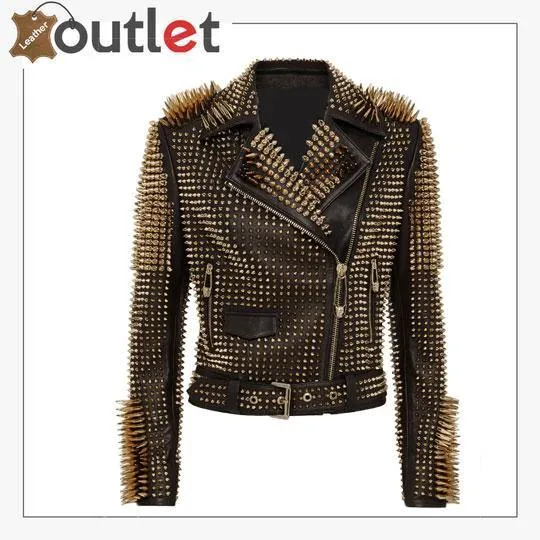 Black Leather Golden Spike Studded Punk Style Biker Jacket