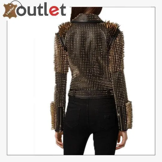 Black Leather Golden Spike Studded Punk Style Biker Jacket