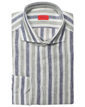 Blue and Green Wide Striped Linen Dress Shirt