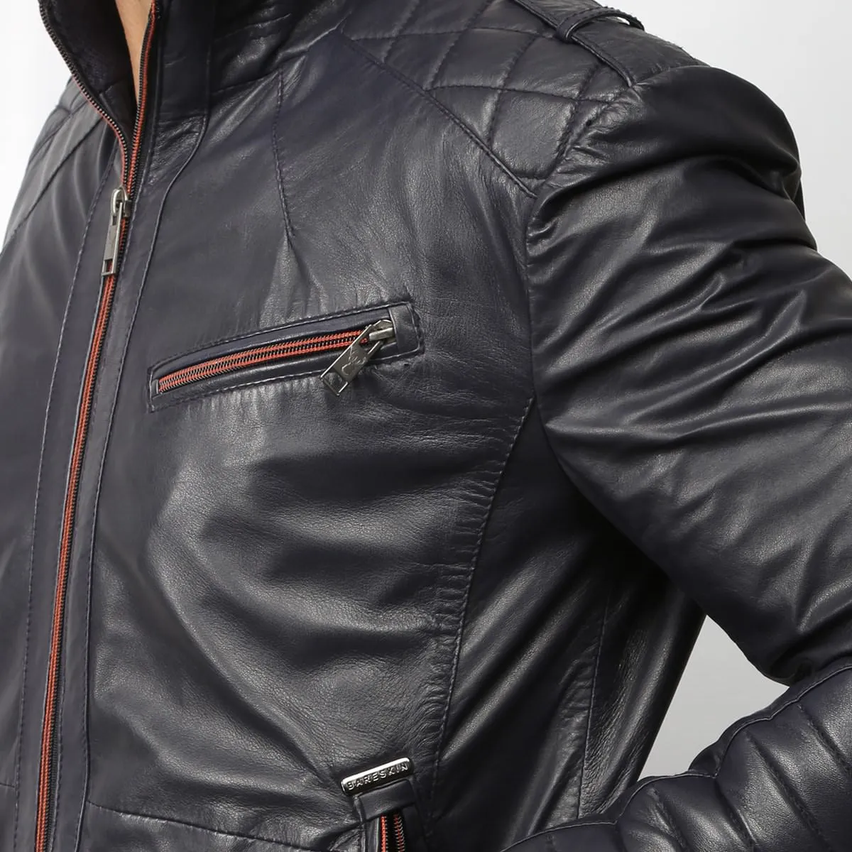 Blue Quilted Details Leather Bomber Jacket By Bareskin