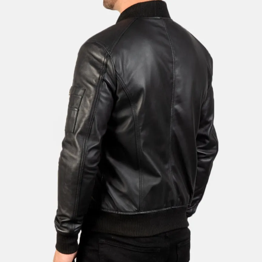 BOMBER-2408 Mush Black Leather Bomber Jacket