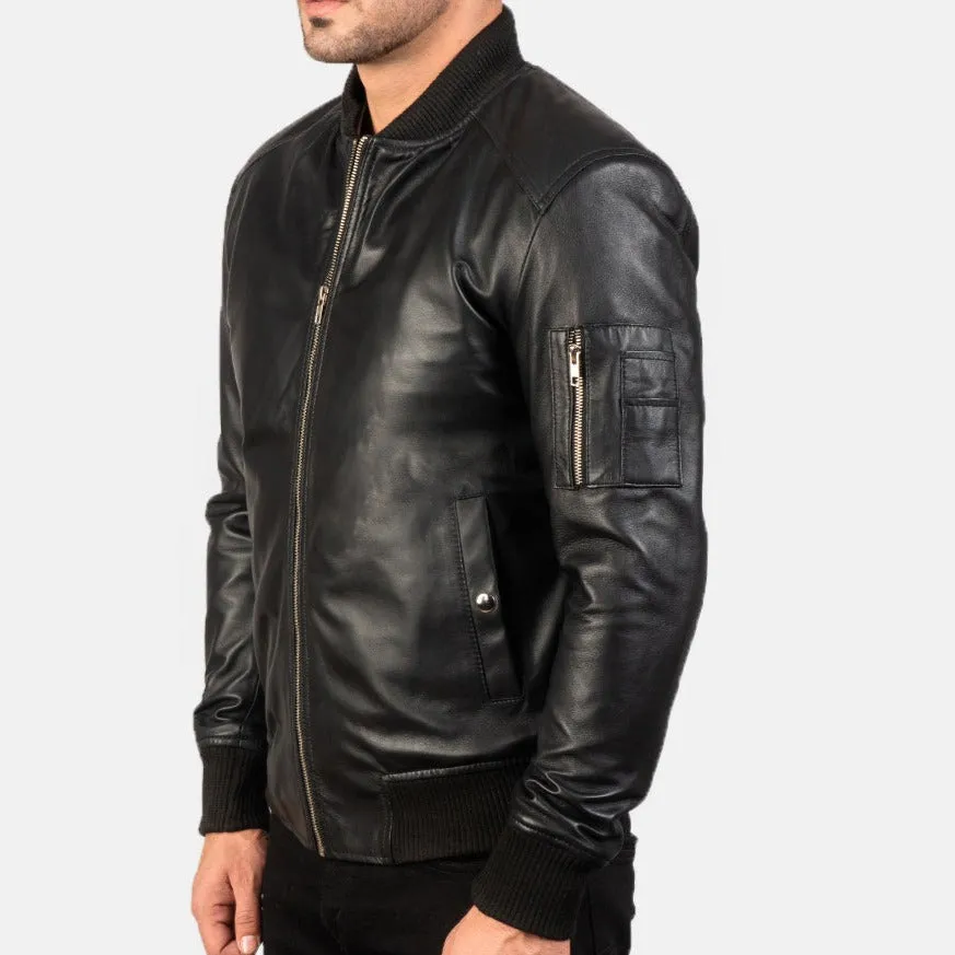 BOMBER-2408 Mush Black Leather Bomber Jacket