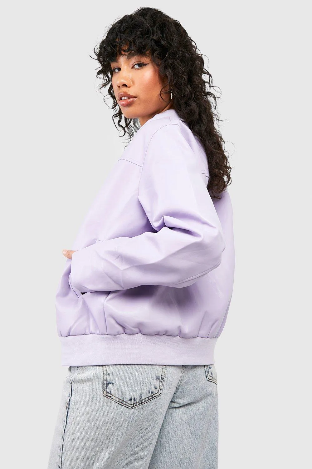 Boohoo faux leather oversized bomber jacket, lilac