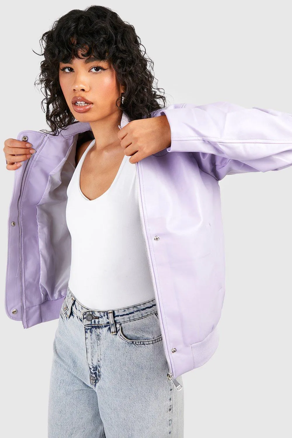 Boohoo faux leather oversized bomber jacket, lilac