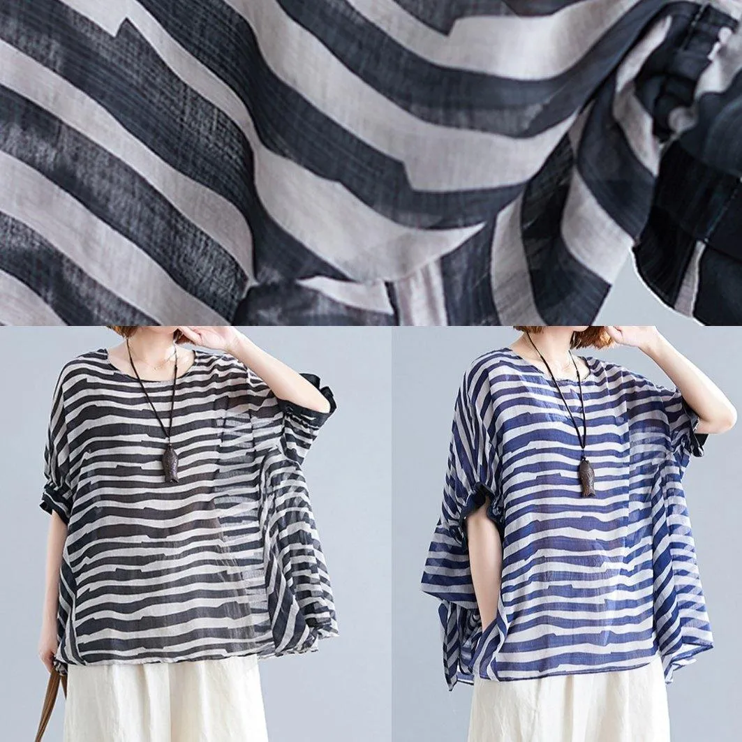 Chic black striped shirts women o neck Batwing Sleeve box shirts