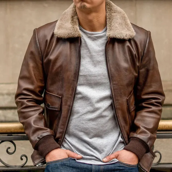 Chocolate Brown Leather Bomber Jacket