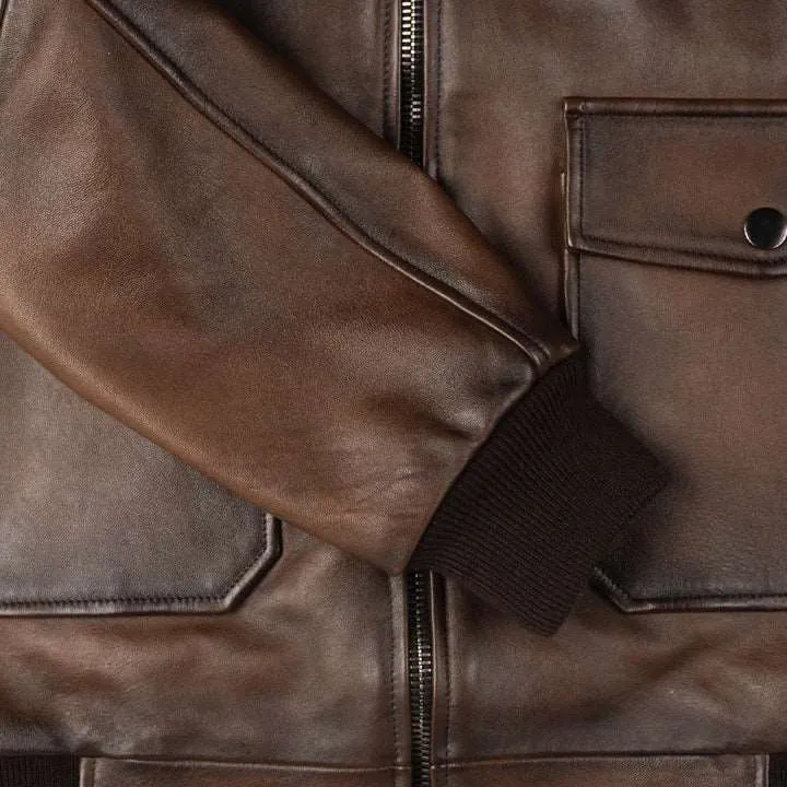 Chocolate Brown Leather Bomber Jacket