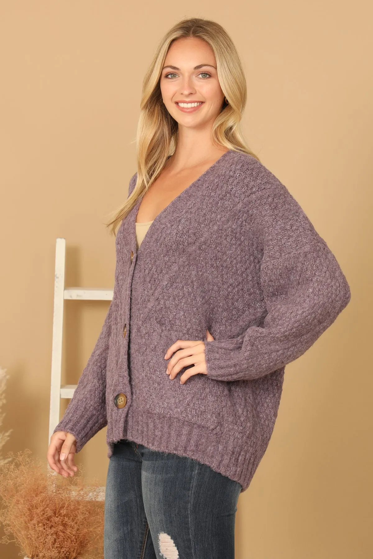 CHUNKY WAFFLE KNIT BUTTON DOWN CARDIGAN 3-3