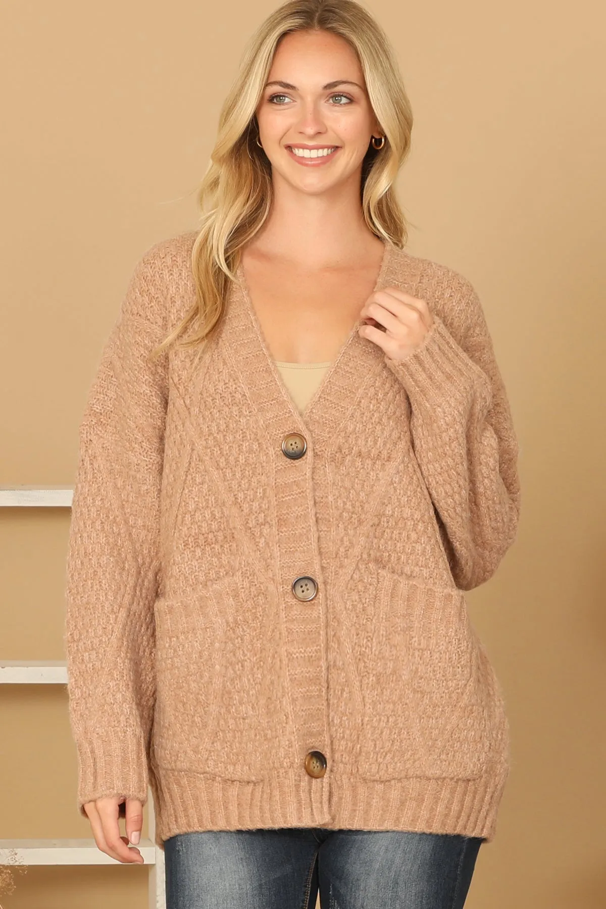 CHUNKY WAFFLE KNIT BUTTON DOWN CARDIGAN 3-3