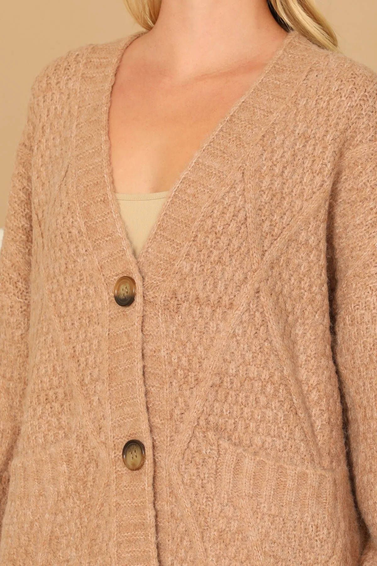 CHUNKY WAFFLE KNIT BUTTON DOWN CARDIGAN 3-3