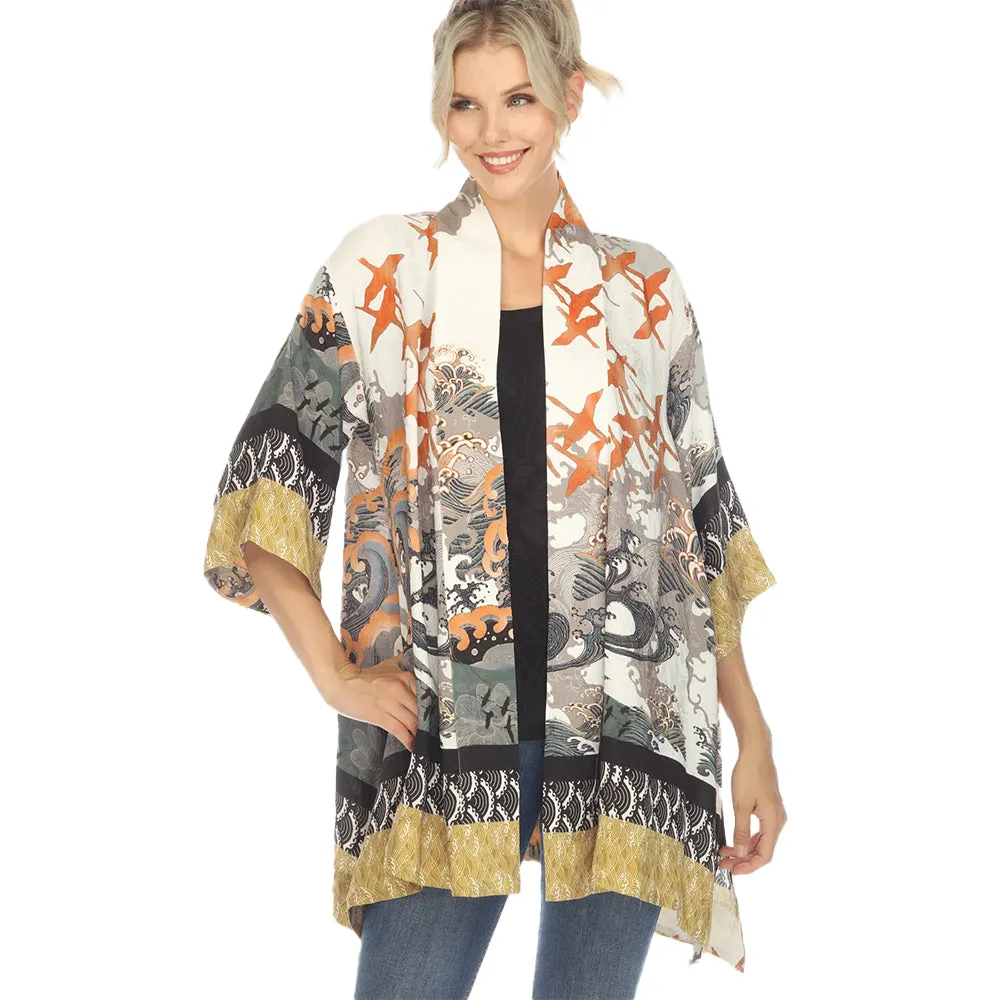 Citron Waves & Cranes Print Silk Kimono - 0917WAC