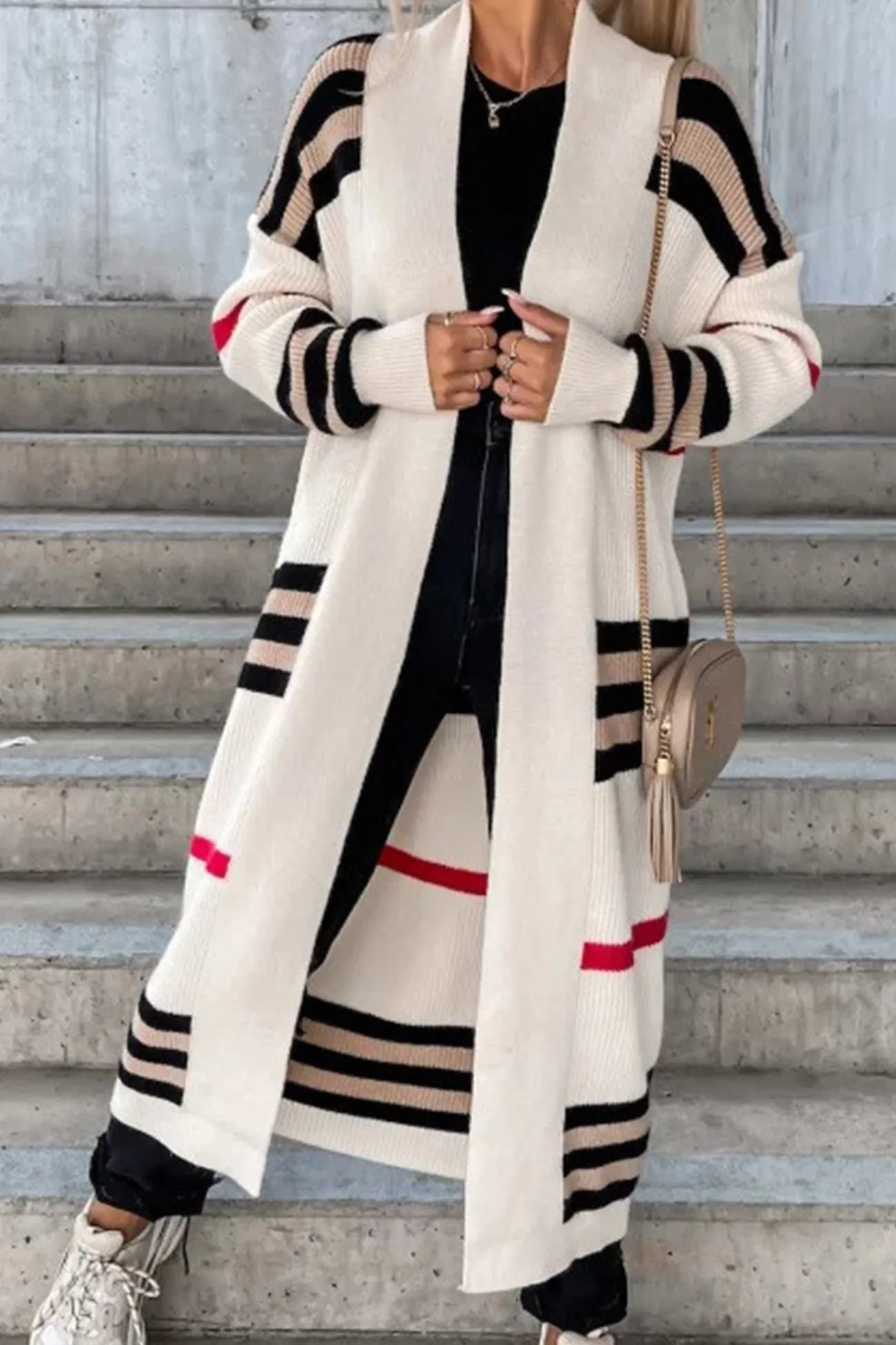 Contrast Striped Open Front Cardigan