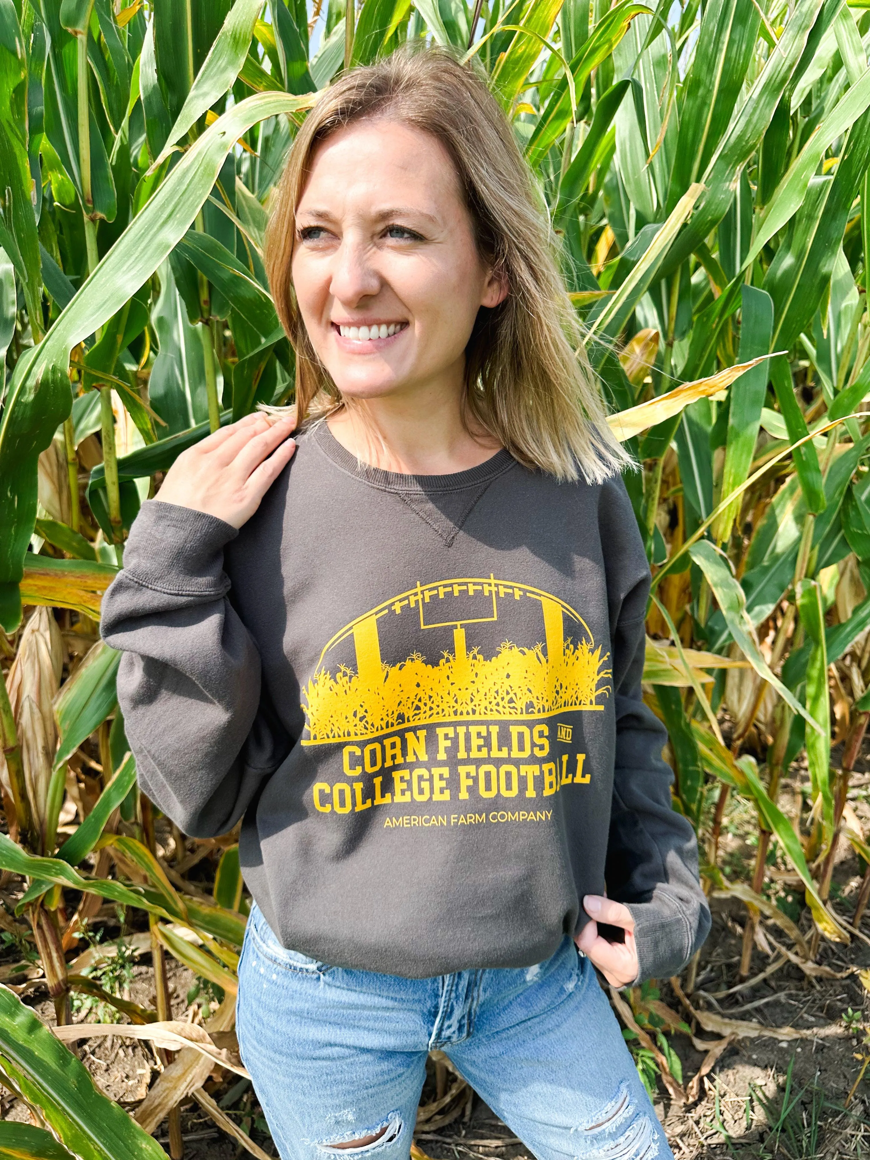 Cornfields and College Football Washed Black Crewneck