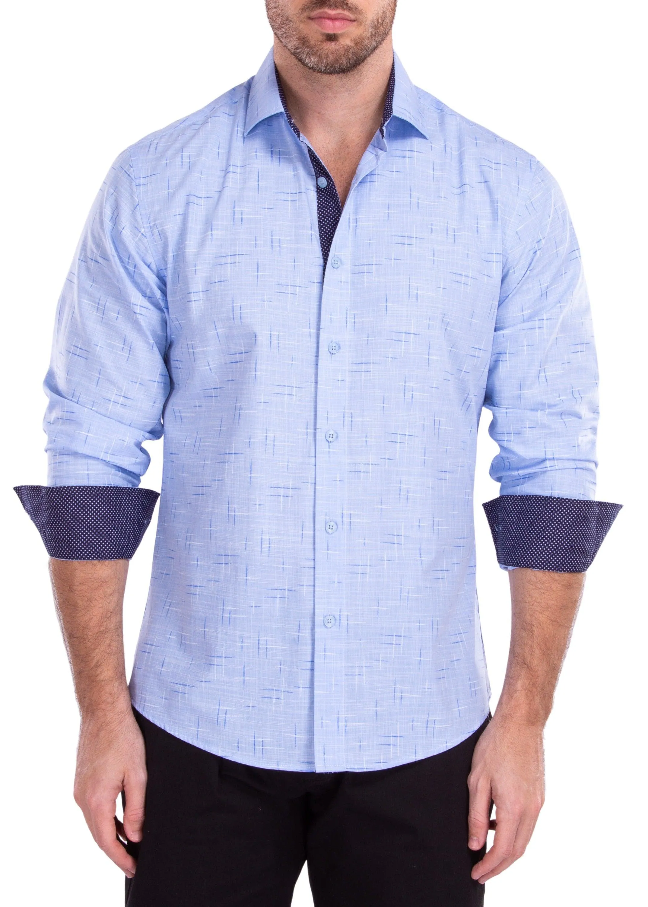 Crosshatch Linen Texture Blue Button Up Long Sleeve Dress Shirt