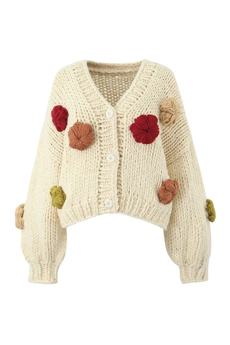 Cute 3D Flower Handmade Chunky Yarn Winter Croceht Knit Button Up Cardigan