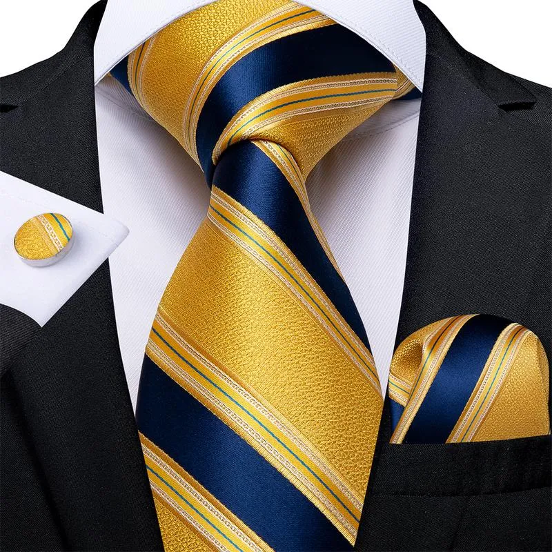 DiBanGu Silk Tie Ring Set 4PC Yellow Blue Striped Men's Tie Set with Tie Ring