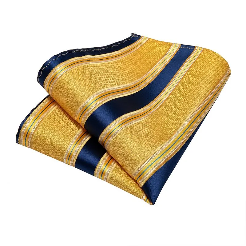 DiBanGu Silk Tie Ring Set 4PC Yellow Blue Striped Men's Tie Set with Tie Ring