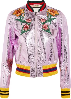 Embroidered Metallic Faux-Leather Jacket in Lavender