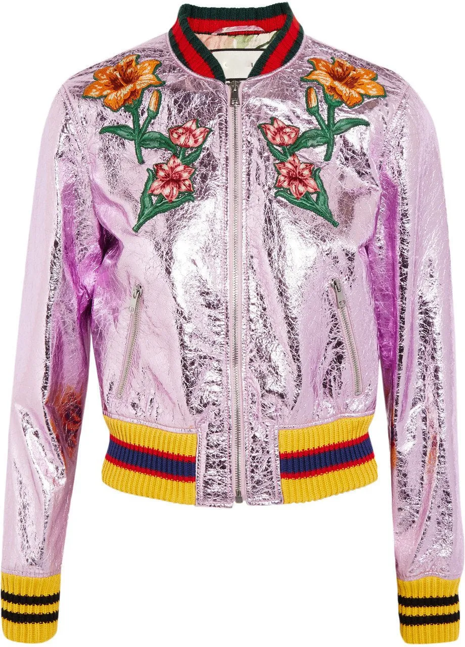 Embroidered Metallic Faux-Leather Jacket in Lavender