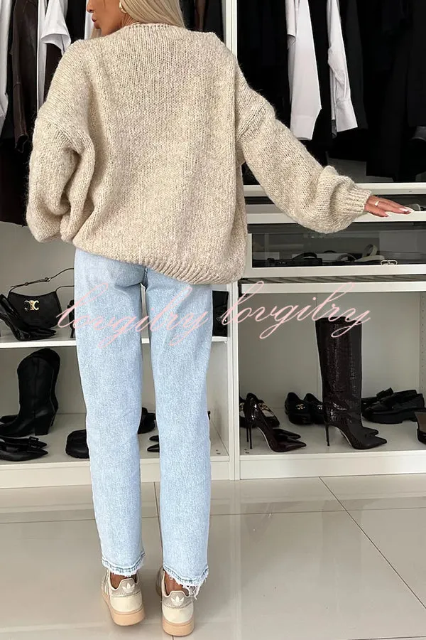 Explore Autumn Knit Open Front Long Balloon Sleeve Loose Cardigan