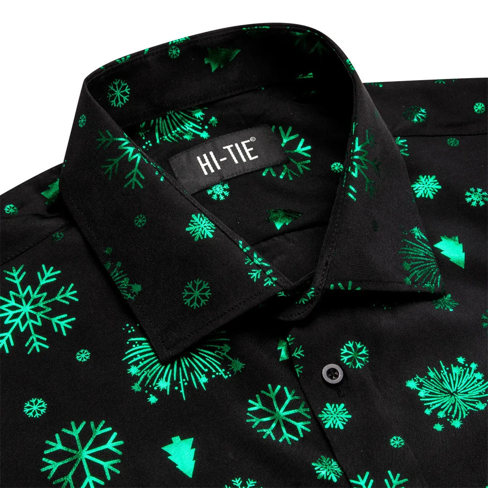 Hi-Tie Black Green Snow Christmas Silk Button-Down Long Sleeve Shirt