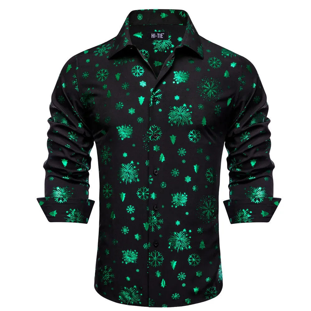 Hi-Tie Black Green Snow Christmas Silk Button-Down Long Sleeve Shirt