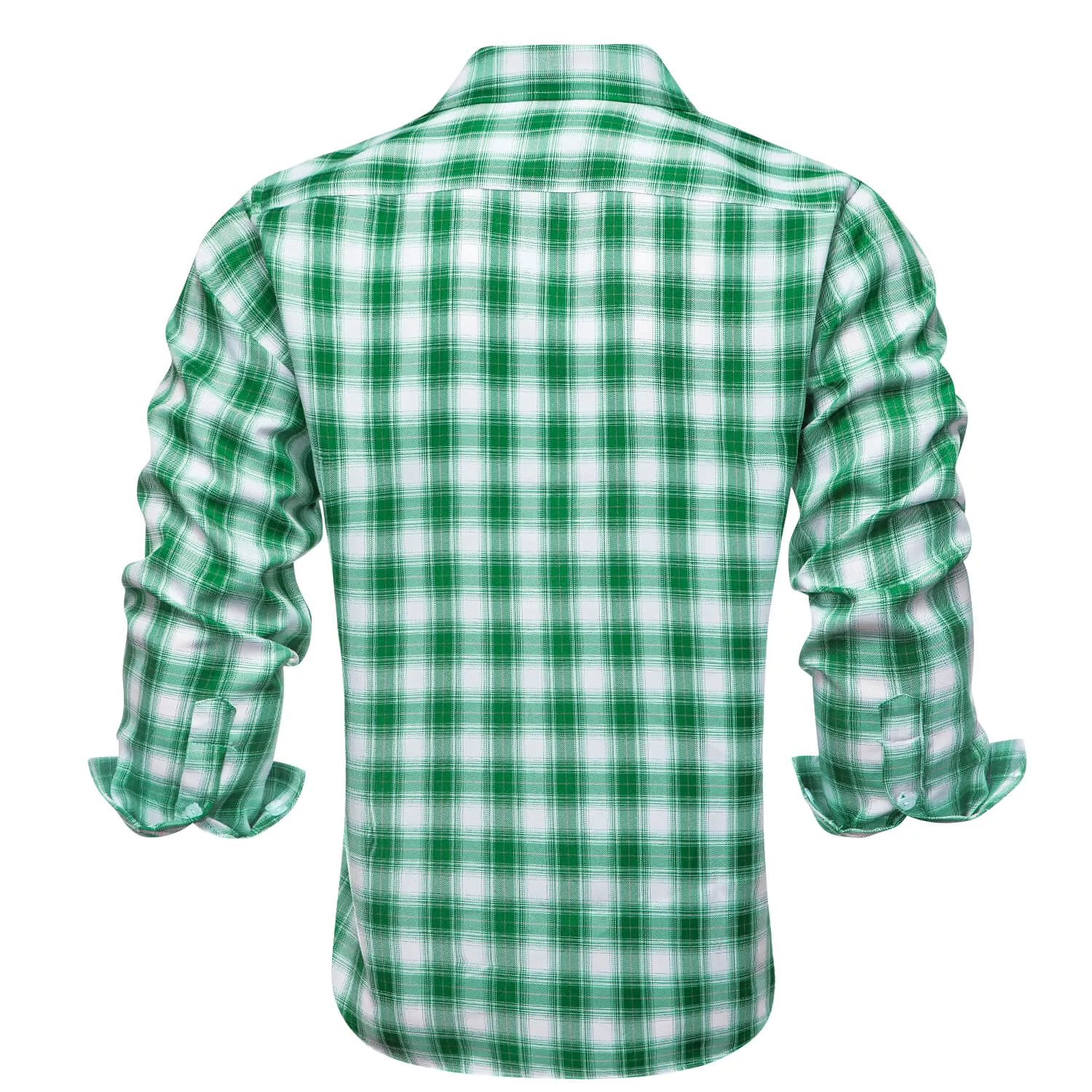 Hi-Tie Button Down Shirt Green White Plaid Men's Silk Long Sleeve Shirt Business