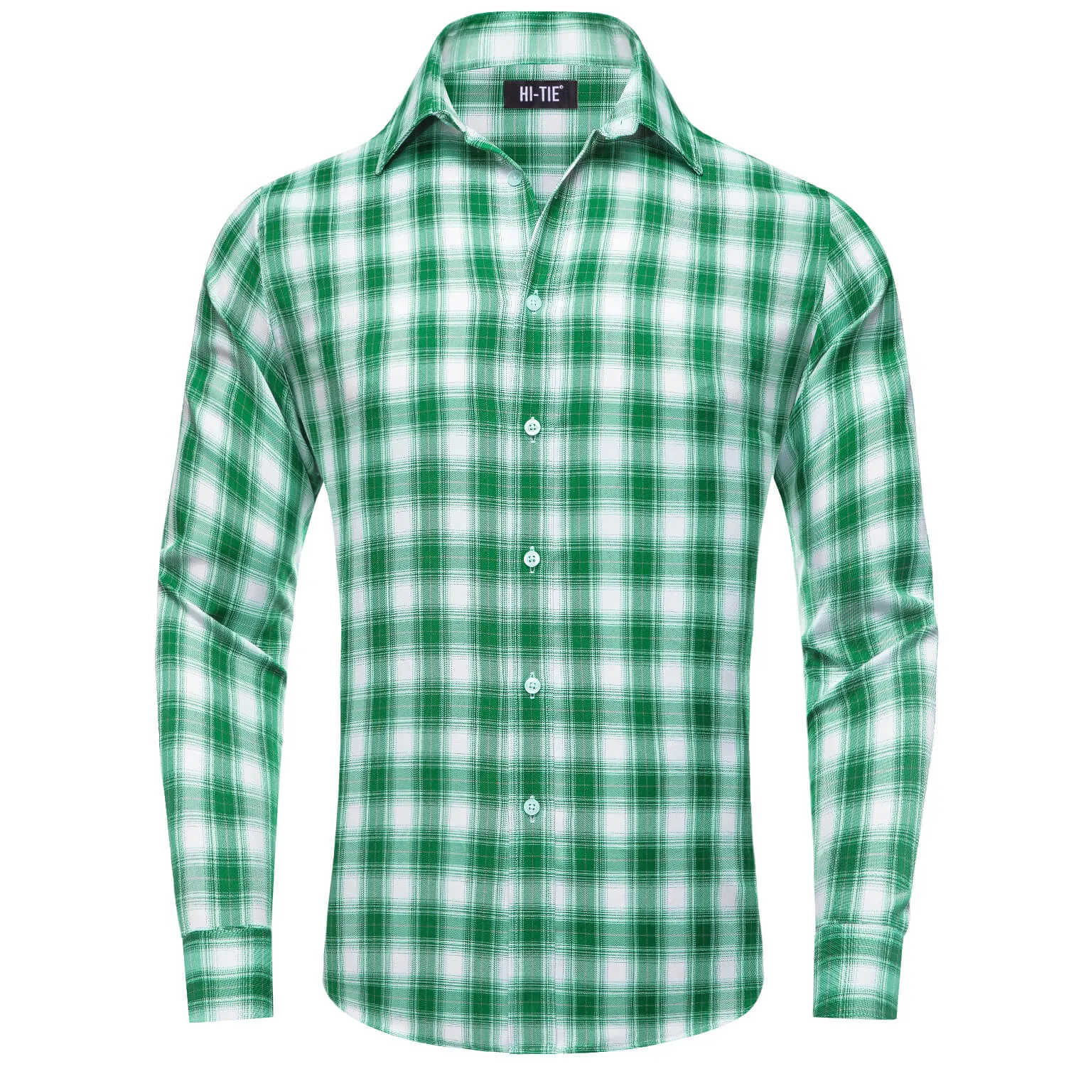 Hi-Tie Button Down Shirt Green White Plaid Men's Silk Long Sleeve Shirt Business