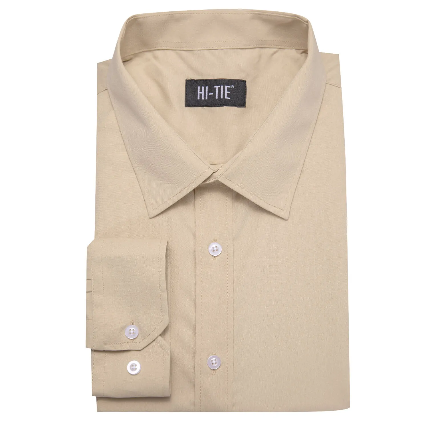 Hi-Tie Long Sleeve Shirt Cream White Solid Spring Mens Dress Shirt