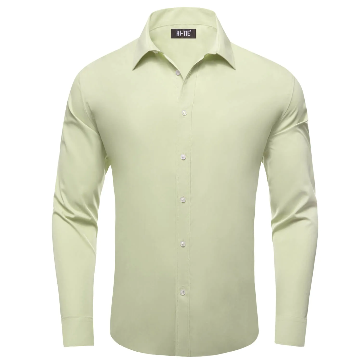 Hi-Tie Long Sleeve Shirt Light Avocado Green Solid Spring Mens Dress Shirt