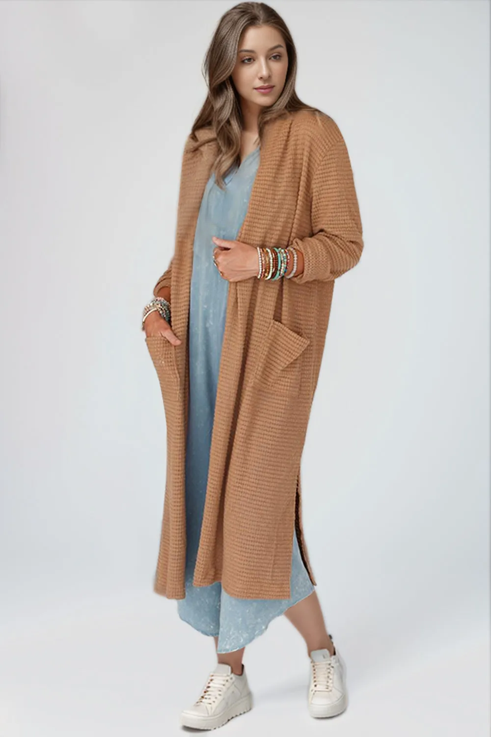 Khaki Open Front Sweater  Long Sleeve Longline Slit Cardigan