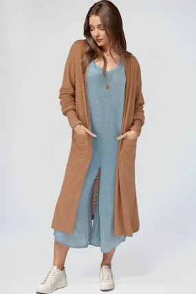 Khaki Open Front Sweater  Long Sleeve Longline Slit Cardigan