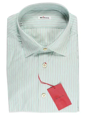 Kiton Dress Shirt White Green Aqua Stripes Design 43 - 17 REDUCED - SALE